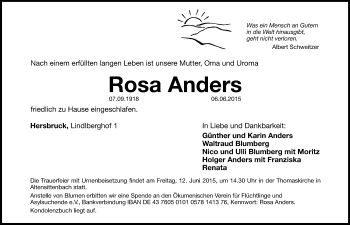 Traueranzeige von Rosa Anders von Hersbrucker Zeitung