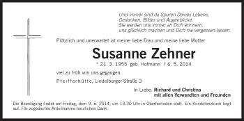 Traueranzeige von Susanne Zehner von Der Bote