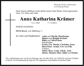 Traueranzeige von Anna Katharina Krämer von Der Bote