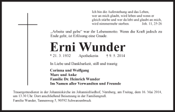 Traueranzeige von Wunder Erni von Der Bote