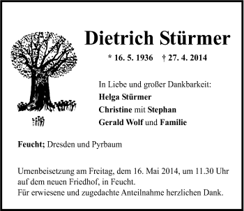 Traueranzeige von Dietrich Stürmer von Der Bote