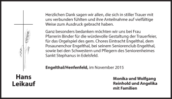 Traueranzeige von Hans Leikauf von Hersbrucker Zeitung