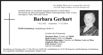 Traueranzeige von Barbara Gerhart von Der Bote