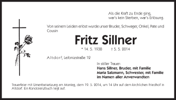 Traueranzeige von Fritz Sillner von Der Bote
