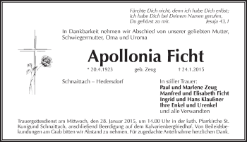 Traueranzeige von Apollonia Ficht von Pegnitz-Zeitung