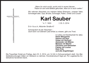 Traueranzeige von Karl Sauber von Der Bote