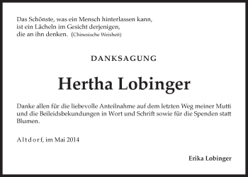 Traueranzeige von Hertha Lobinger von Der Bote