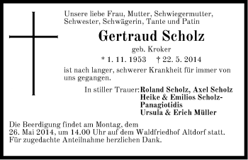 Traueranzeige von Gertraud Scholz von Der Bote