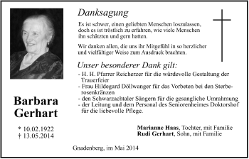 Traueranzeige von Barbara Gerhart von Der Bote