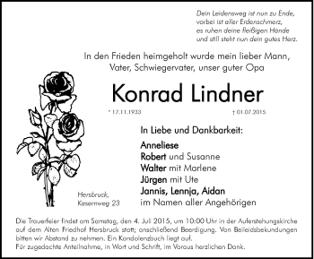 Traueranzeige von Konrad Lindner von Hersbrucker Zeitung