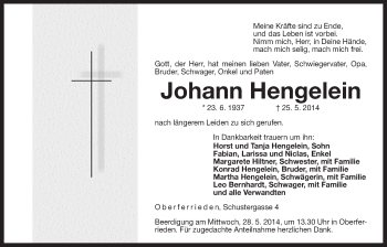 Traueranzeige von Johann Hengelein von Der Bote