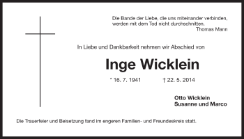 Traueranzeige von Inge Wicklein von Der Bote