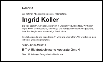 Traueranzeige von Ingrid Koller von Der Bote
