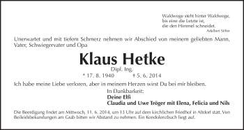 Traueranzeige von Klaus Hetke von Der Bote
