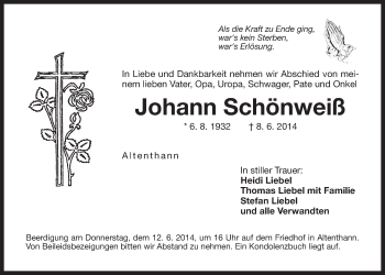 Traueranzeige von Johann Schönweiß von Der Bote