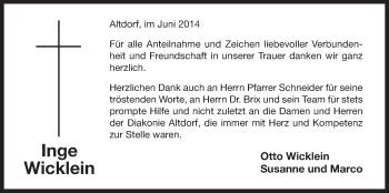 Traueranzeige von Inge Wicklein von Der Bote