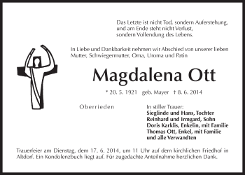 Traueranzeige von Magdalena Ott von Der Bote