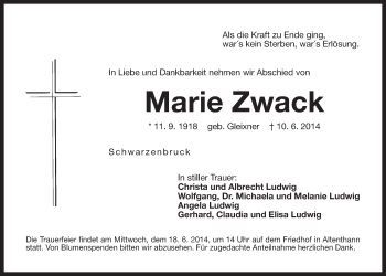 Traueranzeige von Marie Zwack von Der Bote