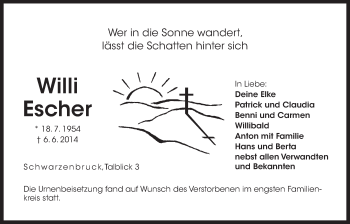 Traueranzeige von Willi Escher von Der Bote