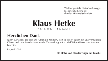 Traueranzeige von Klaus Hetke von Der Bote