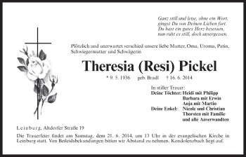 Traueranzeige von Theresia Resi Pickel von Der Bote