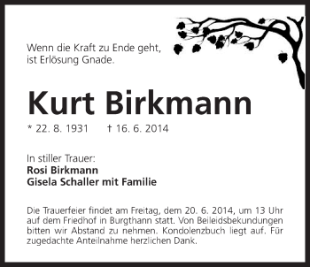 Traueranzeige von Kurt Birkmann von Der Bote