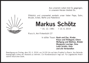 Traueranzeige von Markus Schötz von Der Bote