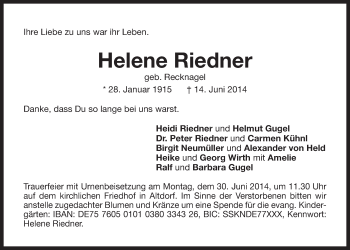Traueranzeige von Helene Riedner von Der Bote