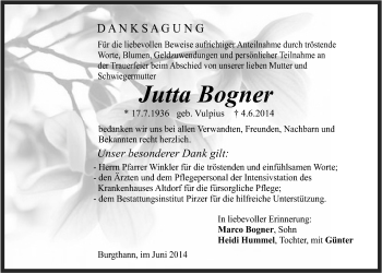 Traueranzeige von Jutta Bogner von Der Bote