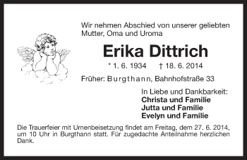 Traueranzeige von Erika Dittrich von Der Bote