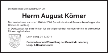 Traueranzeige von August Körner von Der Bote