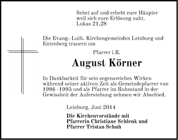 Traueranzeige von August Körner von Der Bote