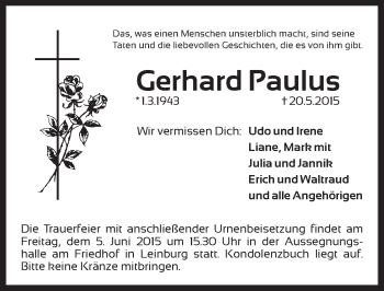 Traueranzeige von Gerhard Paulus von Pegnitz-Zeitung