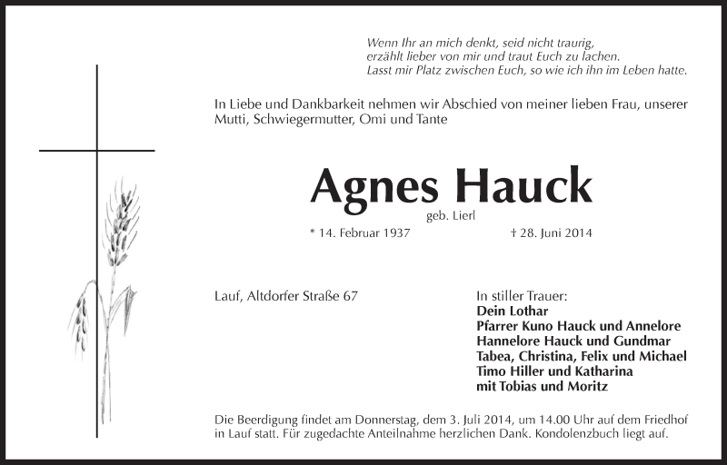  Traueranzeige für Agnes Hauck vom 01.07.2014 aus Der Bote