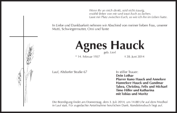 Traueranzeige von Agnes Hauck von Der Bote