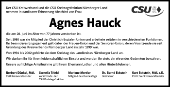 Traueranzeige von Agnes Hauck von Der Bote