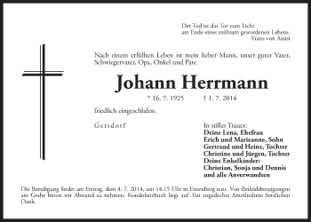 Traueranzeige von Johann Herrmann von Der Bote