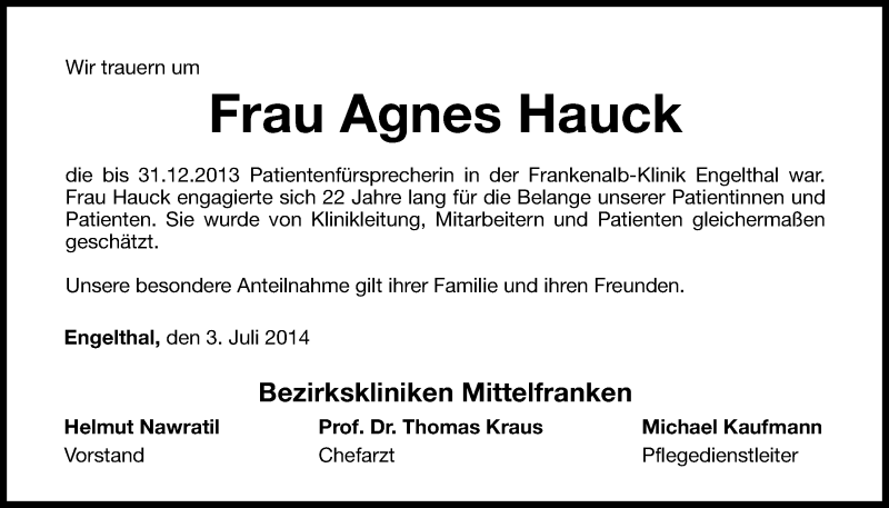  Traueranzeige für Agnes Hauck vom 03.07.2014 aus Der Bote