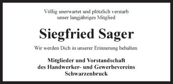Traueranzeige von Siegfried Sager von Der Bote