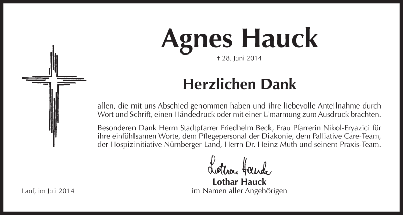  Traueranzeige für Agnes Hauck vom 12.07.2014 aus Der Bote