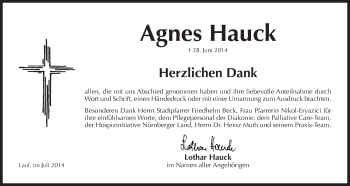Traueranzeige von Agnes Hauck von Der Bote