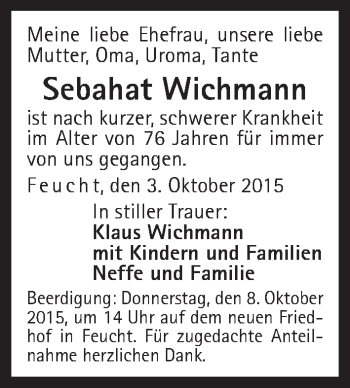 Traueranzeige von Sebahat Wichmann von Der Bote