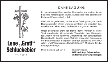 Traueranzeige von Lene Schluckebier von Der Bote