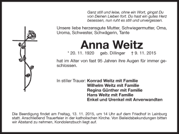 Traueranzeige von Anna Weitz von Der Bote