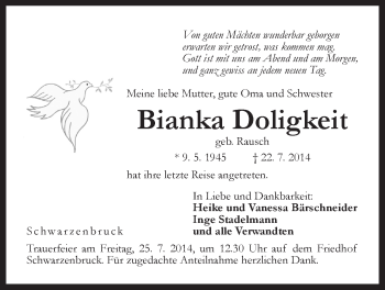 Traueranzeige von Bianka Doligkeit von Der Bote