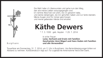 Traueranzeige von Käthe Dewers von Der Bote