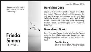 Traueranzeige von Frieda Simon von Pegnitz-Zeitung
