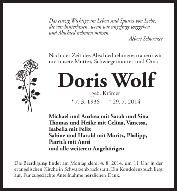 Traueranzeige von Doris Wolf von Der Bote