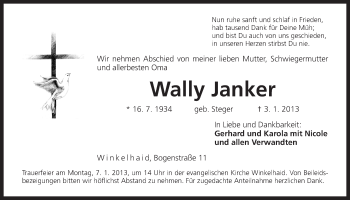 Traueranzeige von Wally Janker von Der Bote