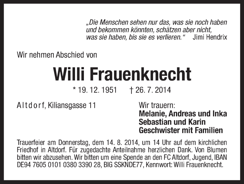 Traueranzeige für Willi Frauenknecht vom 09.08.2014 aus Der Bote